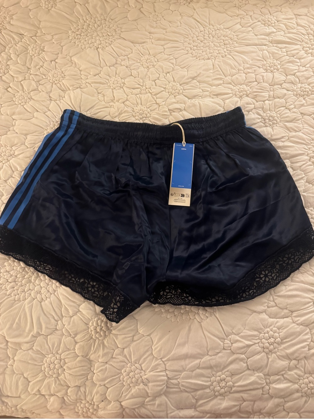 Adidas Original x ASOS Regular Fit Lace Hem Shorts In Navy Satin - Picture 7 of 7